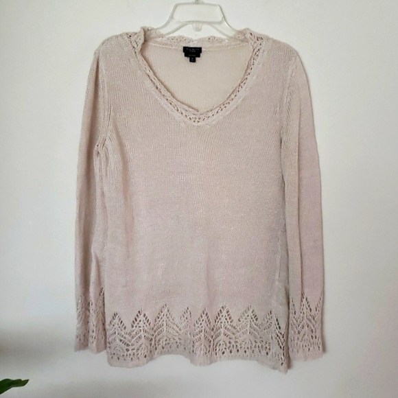 Talbot's linen crochet sweater, cream, crochet lace neck hem, summer sweater - Picture 1 of 7